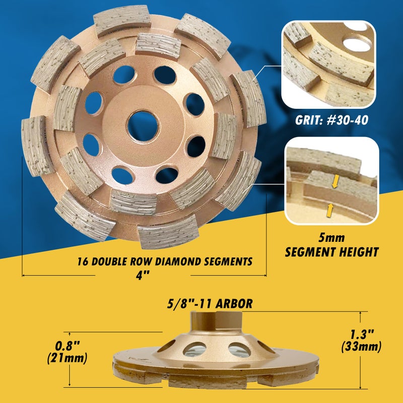 EDiamondTools عجلات طحن الماس 4" للخرسانة أو البناء، 16 شريحة مزدوجة، 30/40 حبيبة، رابطة متوسطة، 5/8"-11 محور - Image 3